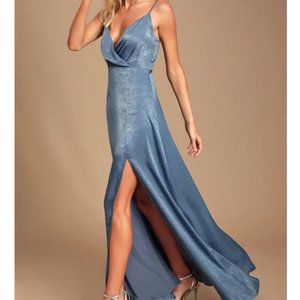 Lulus - Slate Blue Satin Maxi dress